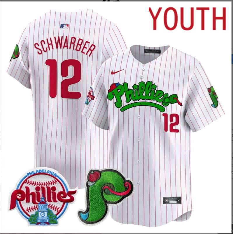 Youth  Philadelphia Phillies #12 Schwarber white with red strips Limited 2024 MLB Nike jersey